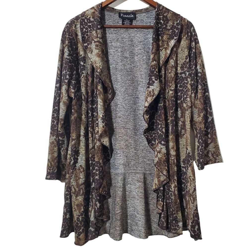 Frazzle Animal Print Ruffle Cardigan Size XL Open Front Liquid Knit Womens